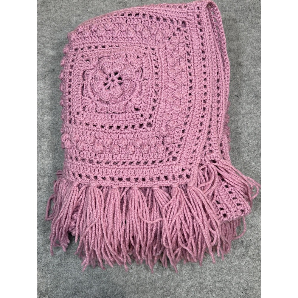 VTG Crocheted Mauve Granny Square Afghan Throw Blanket 3D Puffy Roses 36" x 60"